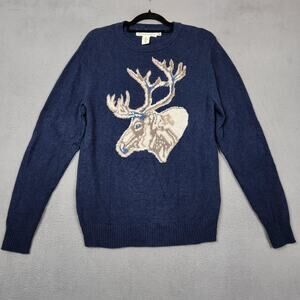 H&M L.O.G.G. Sweater Mens Medium Blue Crewneck Elk Reindeer Graphic Knit
